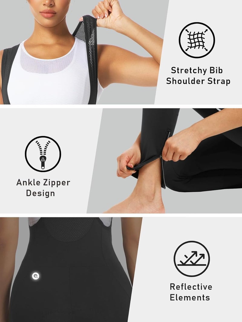 qualidyne Women's Cycling Bib Tights with Pockets - 4D Padded Quick-Dry Bike Pants- Mesh Straps, Ankle Zippers, Reflective - Image 4